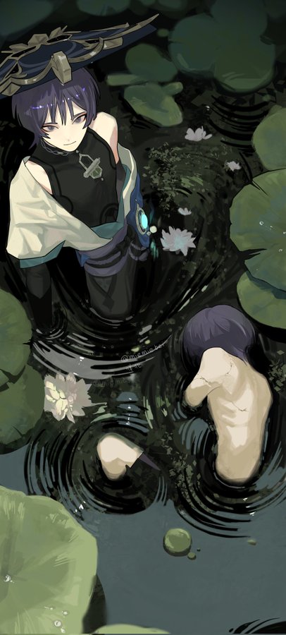 two anime girls are in a dark pond, with lily pads and flowers all around them. the girl in the foreground is only shown from the waist up, and is facing the viewer. she has dark hair and dark eyes, and she is wearing a dark dress with a white collar.  the girl in the background is lying in the water and only her back is visible. she has light colored hair, and is wearing a white shirt. the pond is dark blue, and the water is rippling around the girls.