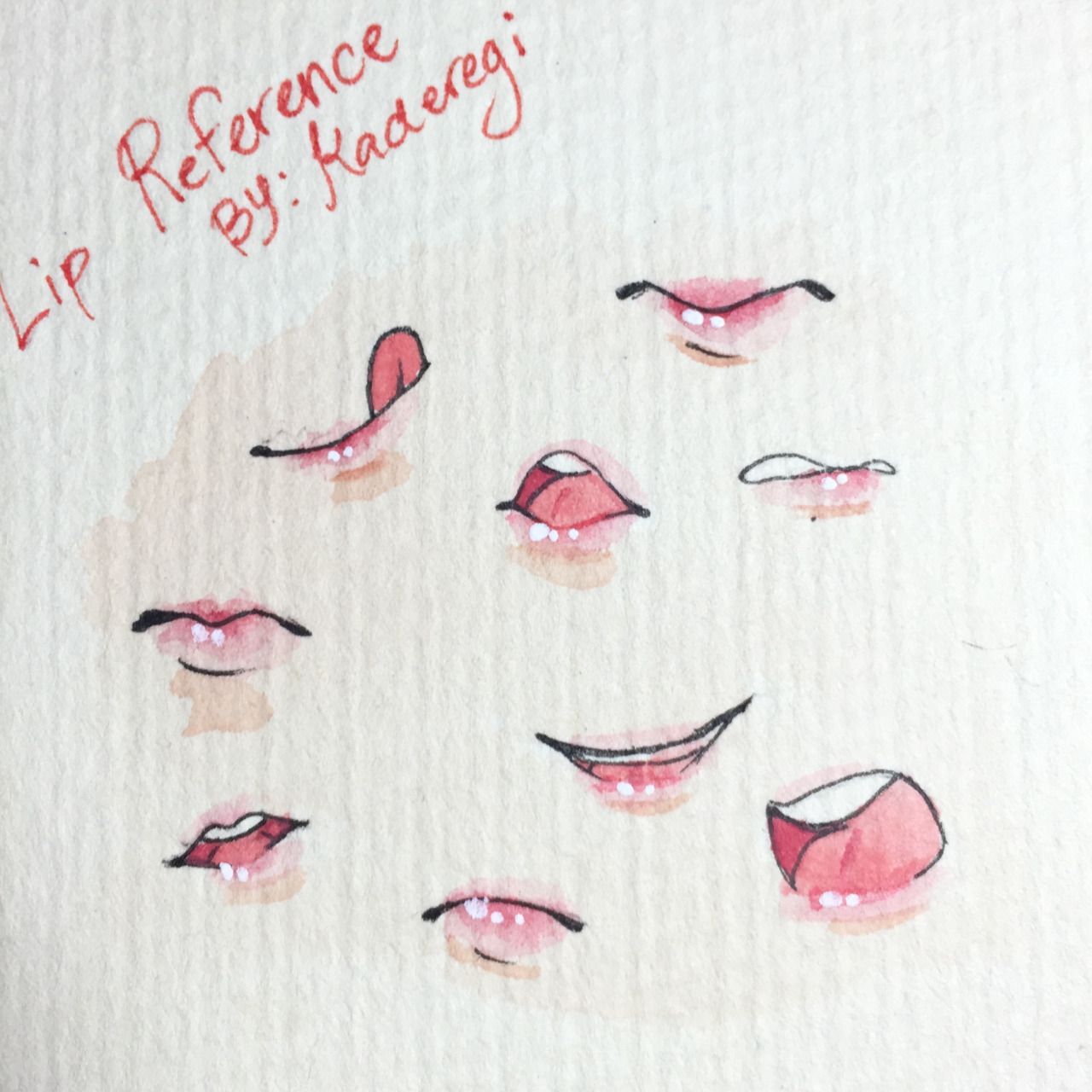 it is a hand drawn image of different lip expressions. it is titled "lip reference" and is signed by the artist "kaderagi." the drawing style is anime.