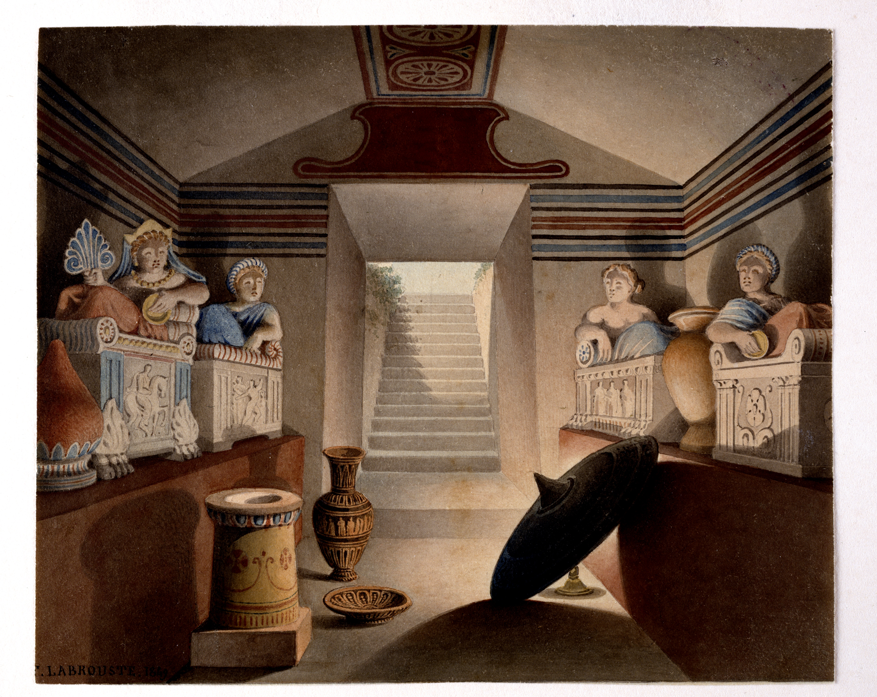 the painting depicts the interior of an ancient tomb. on either side of the tomb are statues of women seated on ornate chairs. a set of stone stairs lead out of the tomb. various vases and decorative items are positioned throughout the space. the tomb's walls and ceiling are adorned with geometric patterns and other decorative elements. the painting evokes a sense of antiquity and classical aesthetics.