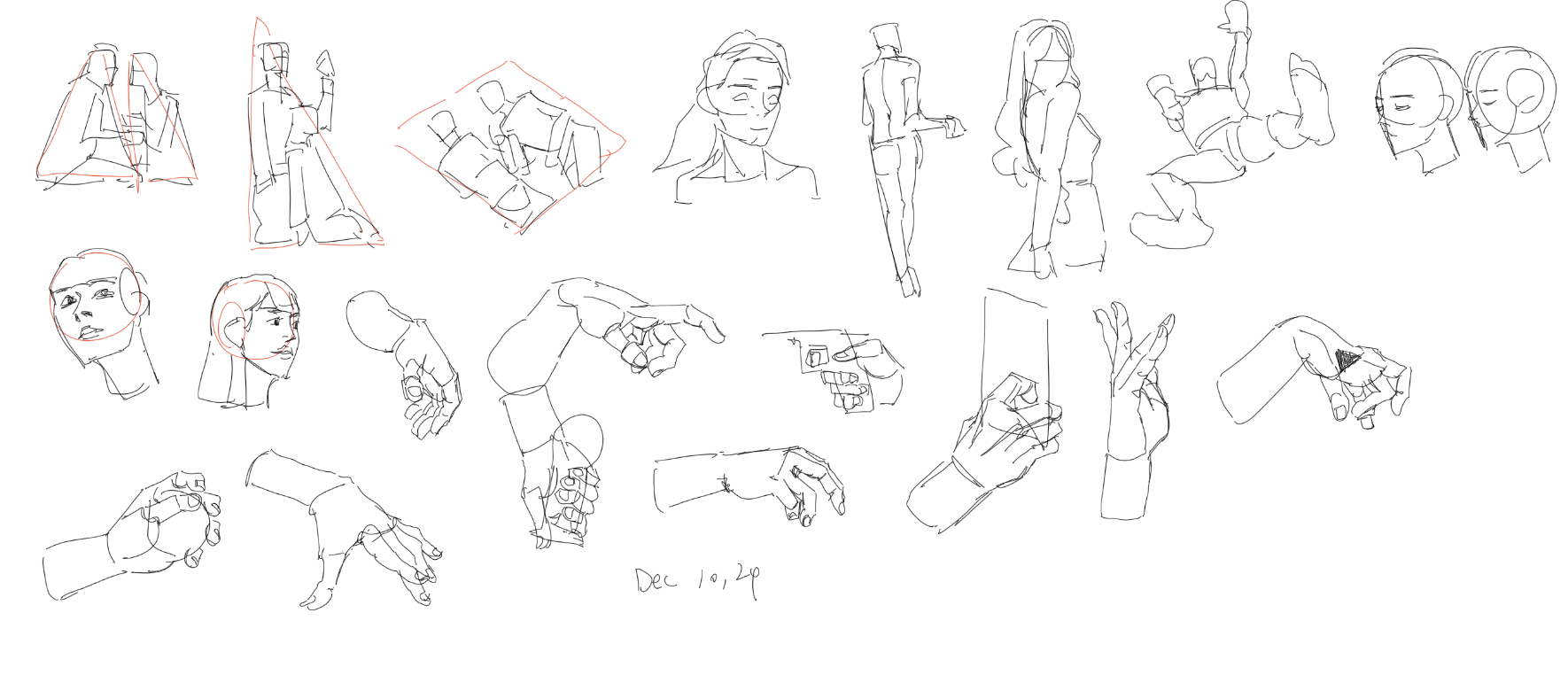 the image contains a collection of quick sketches, primarily focusing on human figures and hands.  the style is loose and expressive, utilizing simple lines to capture gestures and poses.  various perspectives and angles are explored, ranging from full body figures to closeups of hands and heads. some sketches appear to be studies of perspective or form, with simple geometric shapes incorporated into some of the figure drawings.  the overall tone is casual and informal, indicative of a sketchbookstyle approach to drawing. there is a date, "dec 16, 20," written on the page.