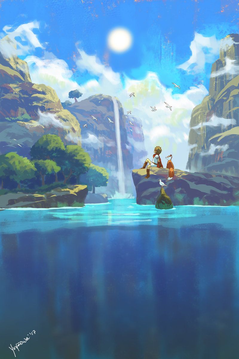 the image is a digital painting depicting a serene landscape with a central figure sitting on a rocky outcrop by a lake. a waterfall cascades down the mountains in the background, adding to the idyllic setting. the sky is a bright blue with fluffy white clouds and a shining sun. birds fly freely across the sky, adding a sense of peacefulness. a person is sitting with an animal on the rocky outcrop overlooking the lake. the water is a deep blue, reflecting the sky. green trees and vegetation are abundant on the mountains and surrounding areas.