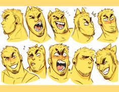 the image shows ten different drawings of the same male character's head and shoulders.  the style is cartoonlike with exaggerated features. the character is anthropomorphic, possibly a cat or similar creature, with yellow fur, pointed ears, and sharp teeth.  each drawing depicts a different facial expression, such as happiness, anger, surprise, and flirtation.  the drawings are on a plain white background.