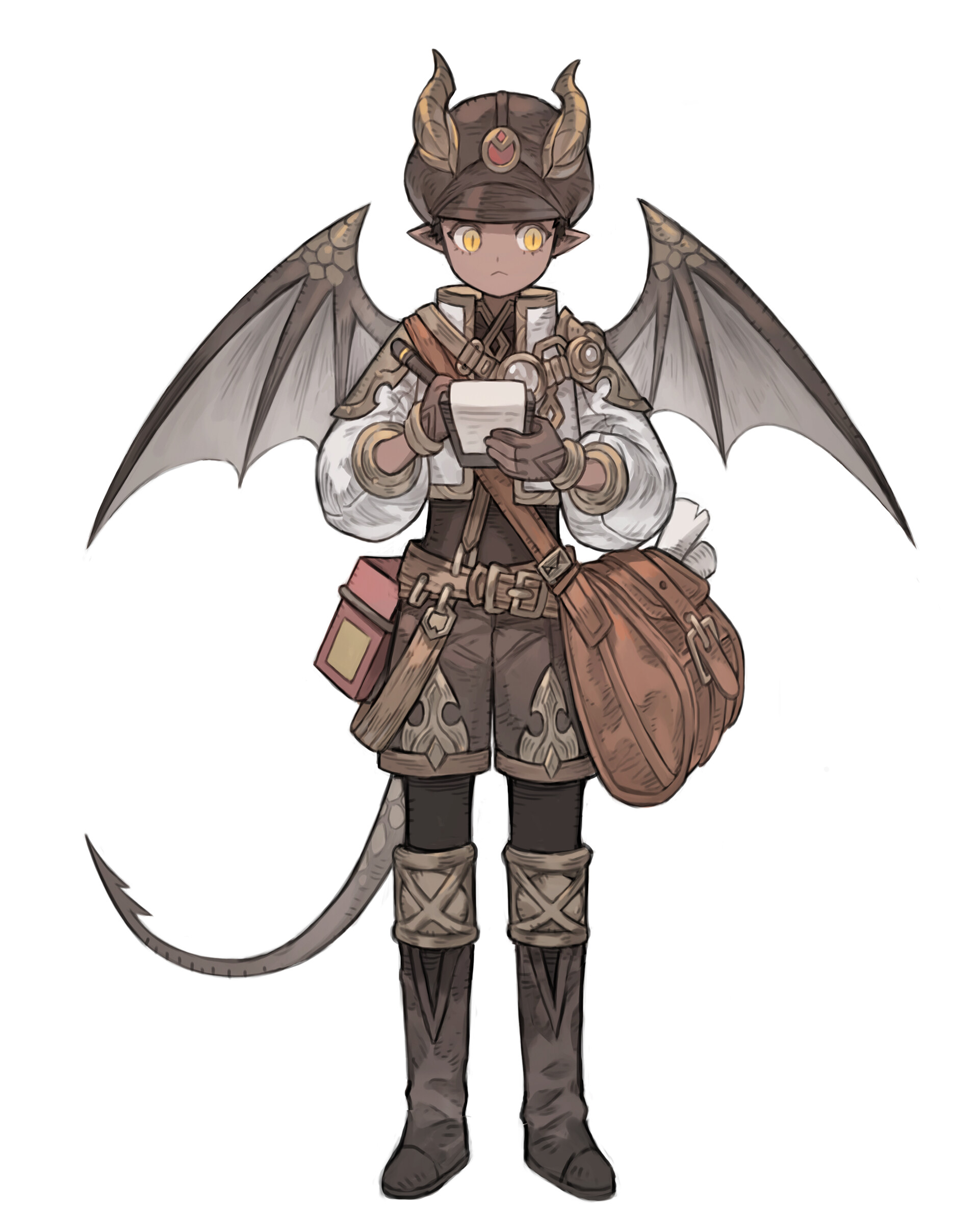 a fullbody illustration of a young demon messenger character. they have gray skin, horns, a dragon tail, and batlike wings. they're dressed in a brown and cream outfit with various pouches and belts, suggesting a messenger role. they're holding a notepad and pen in their hands, seemingly ready to take down information.  the background is a clean white.