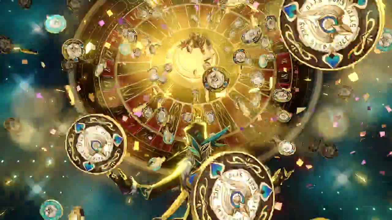 a mesmerizing image of a golden casino roulette wheel spinning, surrounded by a flurry of colorful confetti and golden chips.  the wheel is adorned with intricate details and a mystical glow, representing luck, fortune, and the excitement of gambling. the image captures the allure of the casino experience.