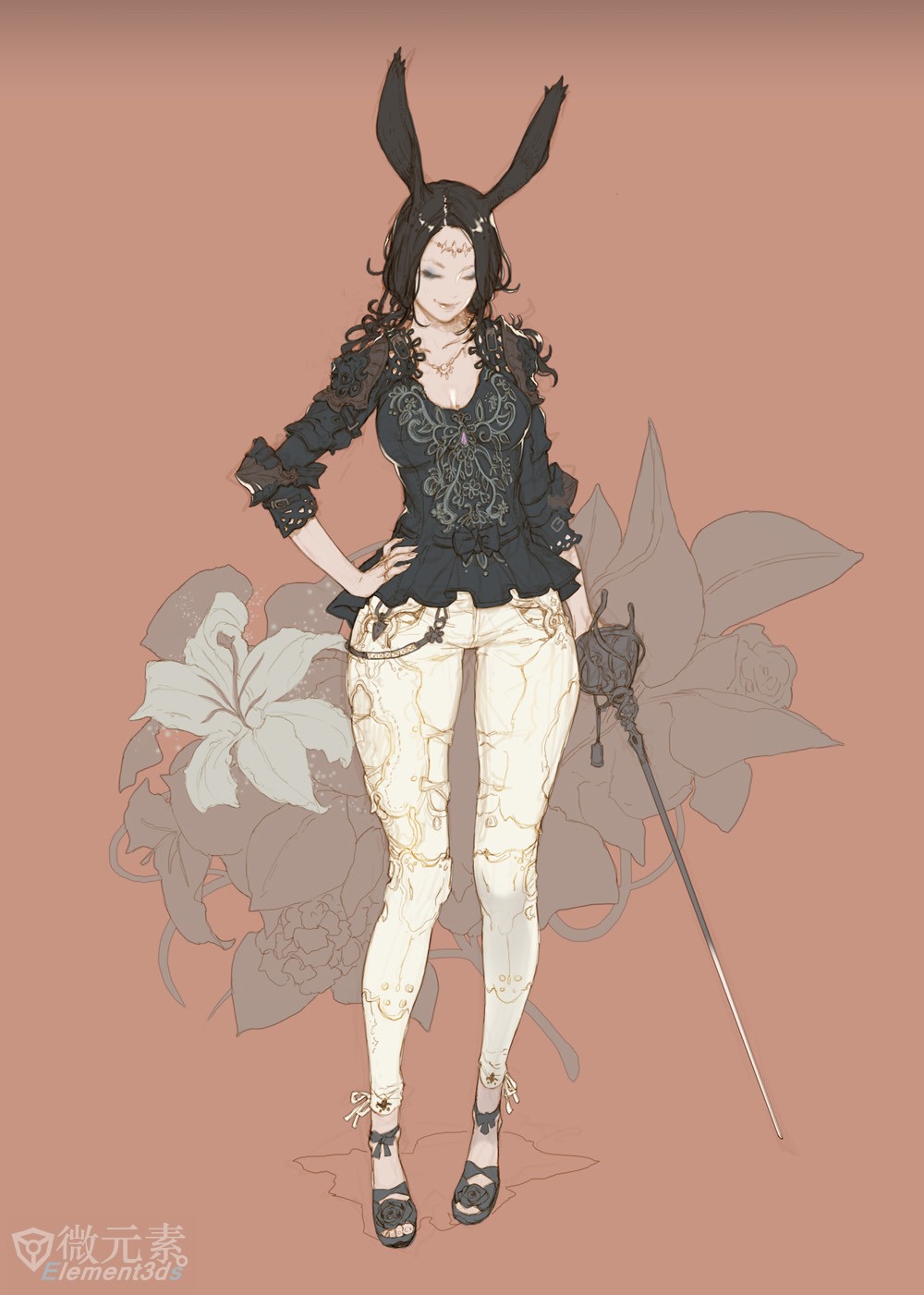 a drawing of a female anime character wearing a black and white outfit with bunny ears, and holding a sword. she is surrounded by floral patterns.