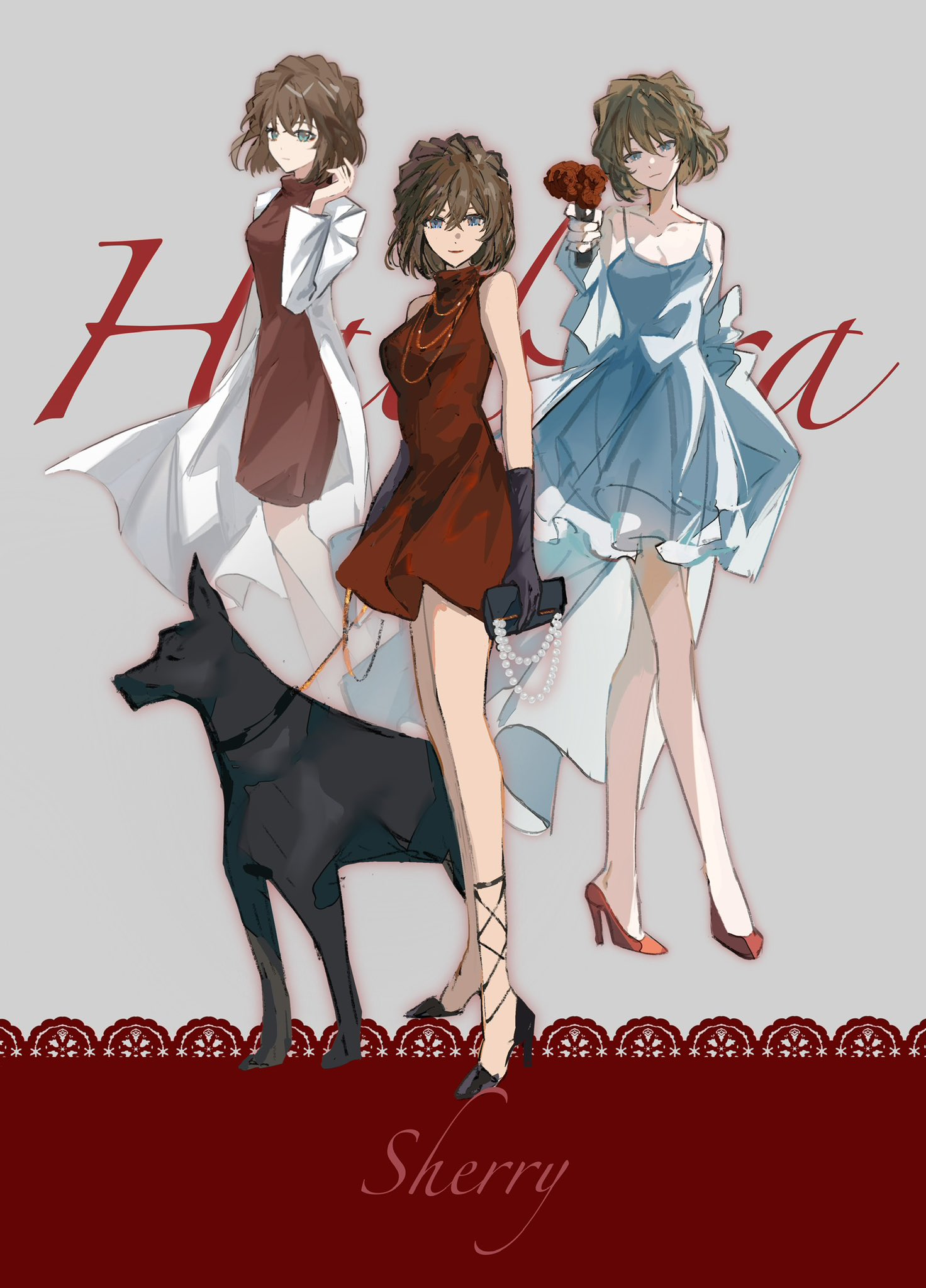 the image shows three anime girls standing together. the girl in the middle is wearing a red dress and black heels. she has a black purse, a black glove, and a pearl necklace and bracelet. she is standing next to a black dog. the girl on the left is wearing a white dress with a long, flowing sleeve. the girl on the right is wearing a blue dress with a long, flowing sleeve. she has a red flower in her hair. all three girls are smiling and looking happy. the background is a simple grey color.