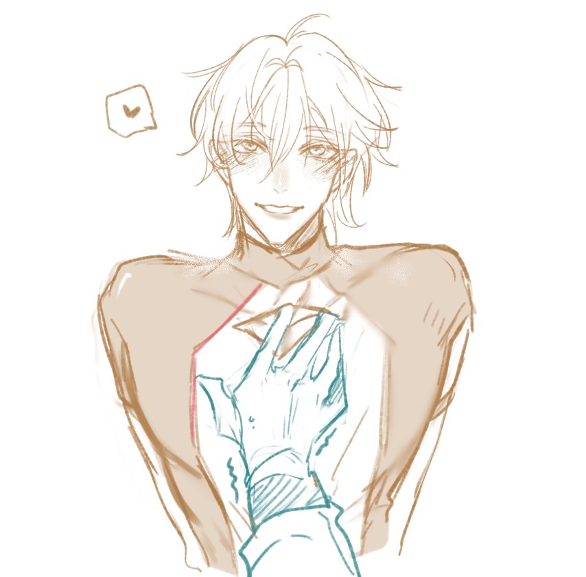 this is a sketch of an anime character with blond hair and blue eyes. the character is wearing a red shirt and is holding a hand to their chest. the sketch is done in a loose style and has a romantic tone. there is a heart drawn in the background.