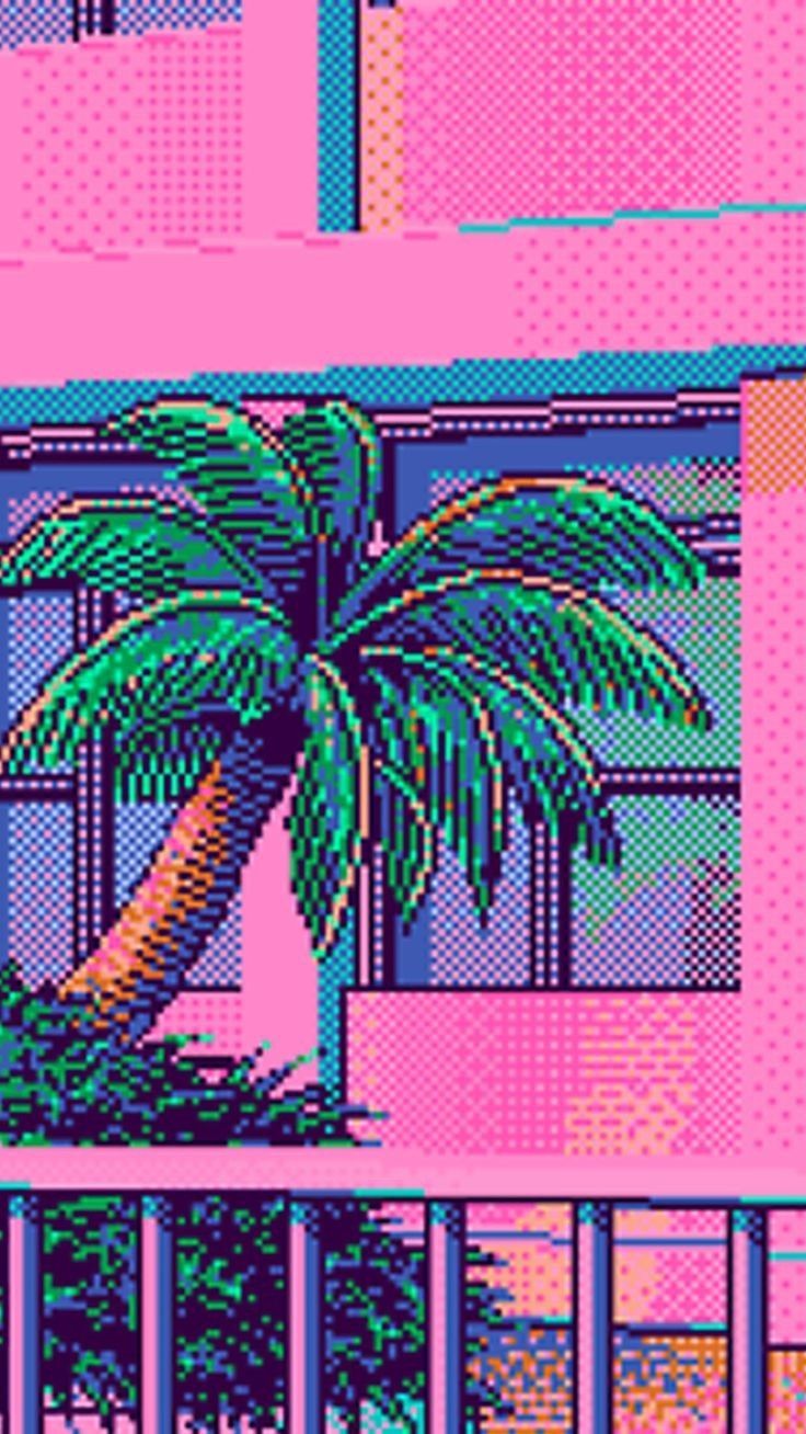 a pixelated image of a palm tree in front of a pink and purple building. the building has large windows and a balcony with railings. the image is in a retro 8bit style with a vibrant color palette. the image has a summery and tropical feel, and is perfect for use as a wallpaper or background.