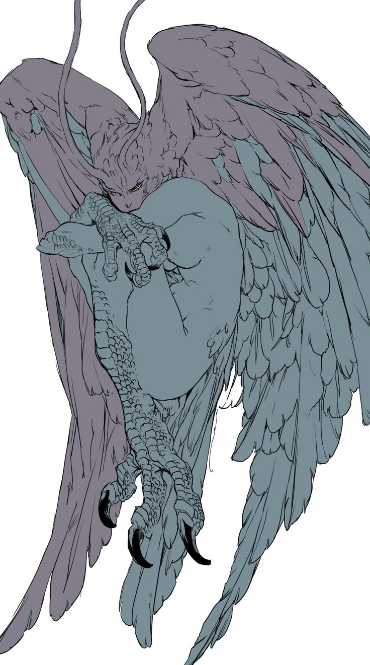 an illustration depicts a harpy, a mythical creature with a humanoid upper body and avian features. it has large wings, feathers, and birdlike talons. the harpy is colored in pale shades of grey and blue.
