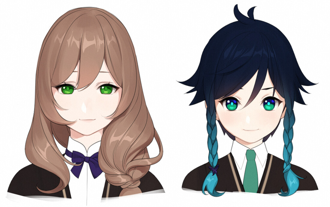 the image shows a drawing of two anime characters, a girl and a boy, positioned sidebyside against a white background. the girl, on the left, has long flowing brown hair styled in a side braid, with a prominent curl framing her face. she has bright green eyes and a gentle smile. she wears a white shirt with a dark collar and a purple bow. the boy, on the right, has short, choppy blue hair styled with two braids on the side, also adorned with a small purple accessory. he shares the same vibrant green eyes and gentle smile as his female counterpart. he wears a white shirt with a dark collar and a teal tie. both characters exude a sense of innocence and warmth.