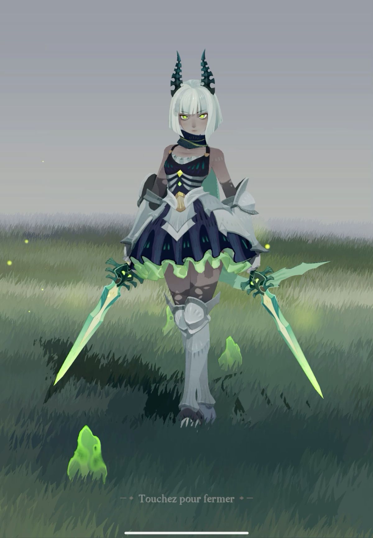 a female character with white hair, horns, and glowing yellow eyes stands in a grassy field. she wears black, white, and silver armor and wields two green glowing swords. small, glowing green creatures are scattered in the grass around her. the overall lighting is soft and gives a mystical feel.