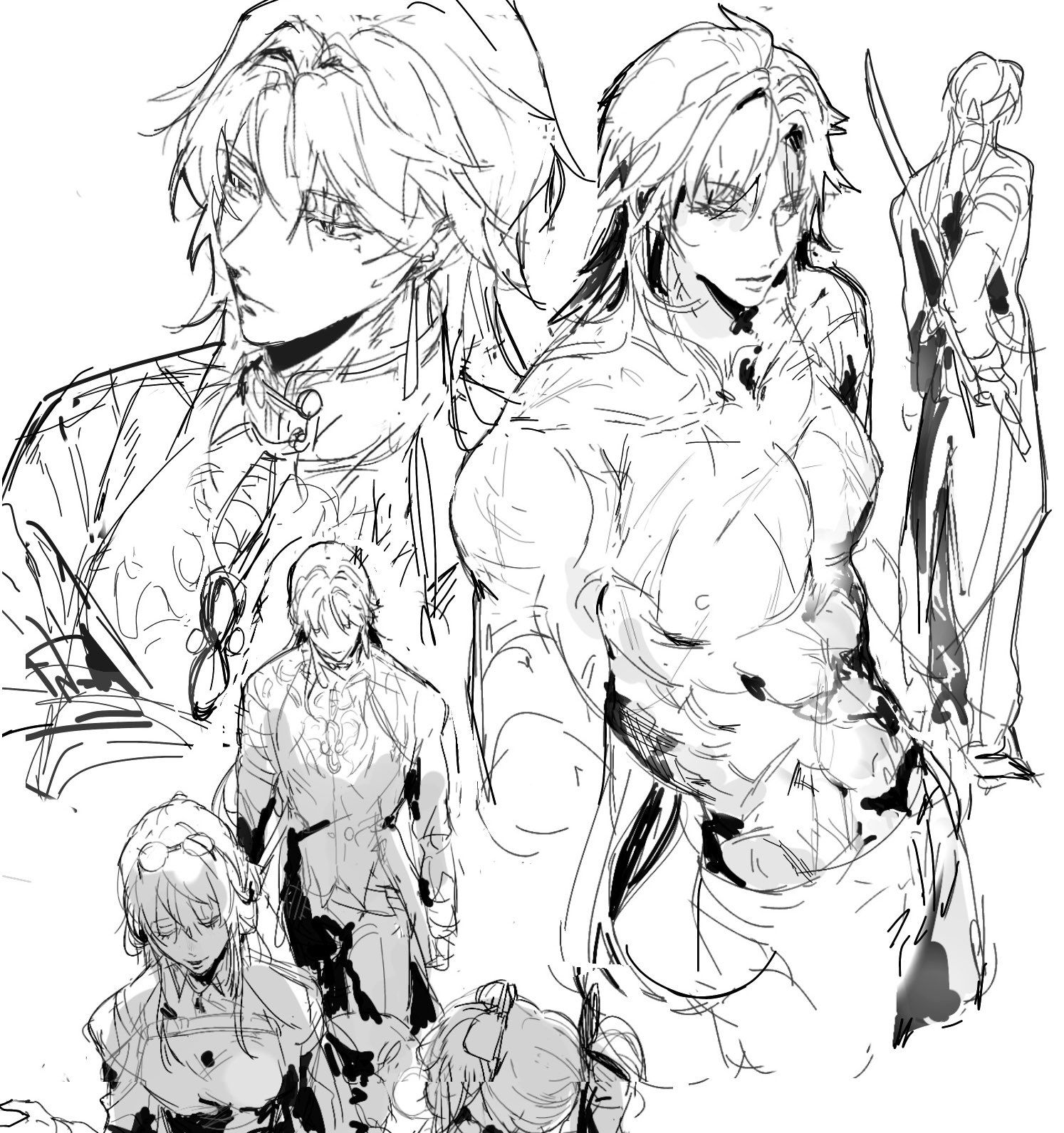 this is a black and white sketch of a group of anime characters. there are 4 characters in the sketch. two are males and two are females. they are all dressed in different styles of clothing. one of the males is shirtless, showcasing his muscles, while the other is wearing a suit. one of the females is holding a sword and has a serious expression. the other female is wearing a dress and has a more calm expression. the sketch is done in a rough style and appears to be a draft for a more finished piece.