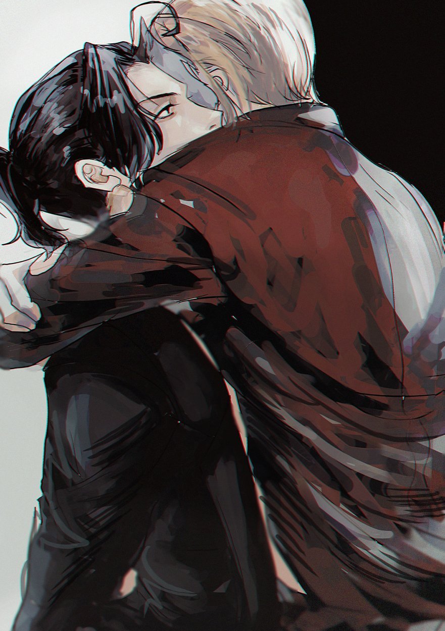 a young anime couple is hugging tightly, showing their love and affection for each other. the male character is on the right, with his arms wrapped around the female character who is facing the viewer. they are both dressed in casual clothing, and their expressions are tender. the background is a simple gradient of white and black, allowing the focus to be on the couple. the image is drawn in a semirealistic style, with soft lines and subtle shading. the overall mood is one of love and intimacy.