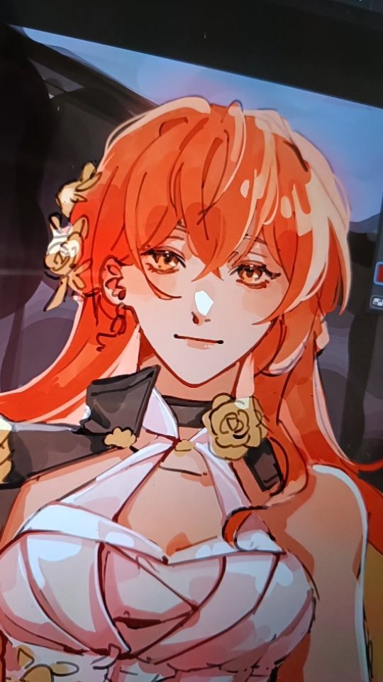 he image is a digital drawing of an animestyle female character. she has long, vibrant orange hair styled with loose waves and adorned with small, delicate floral accessories. her eyes are a striking golden amber, and her skin has a warm, peachy tone. she's wearing a beautiful light pink dress with a halterstyle neckline, which features additional small floral accents. the artist has rendered her expression soft and subtly joyful, with a serene smile. the overall style is clean yet emotive, showcasing both a delicate and strong presence.  the background is indistinct, focusing the viewer's attention completely on the character.