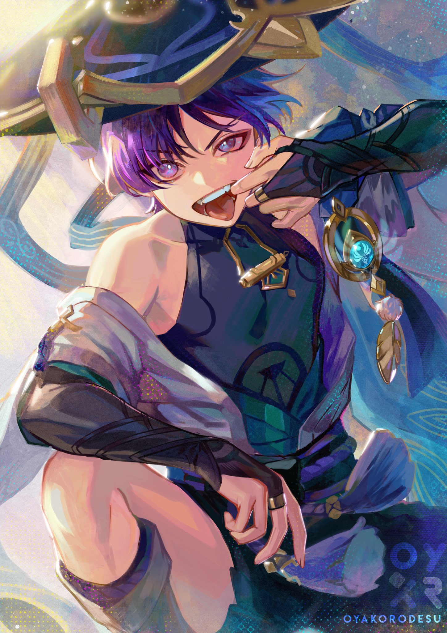 an anime character with purple hair and blue eyes is smiling and looking at the viewer. they are wearing a green and black outfit with gold jewelry and a feather accessory. the character is digitally drawn and is in a dynamic pose, looking energetic and confident. the artwork has a colorful and vibrant style, with shades of purple, green, gold, and blue. the background is a hazy blur of light colors.