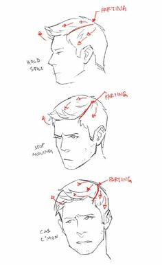the image shows three drawings of a man's head from a side view, each with arrows indicating the direction of hair growth and how it relates to a hairstyle. the top image is labeled "hold style," the middle "stop movement," and the bottom "cas[ual] line." each image points out the "parting" of the hair.