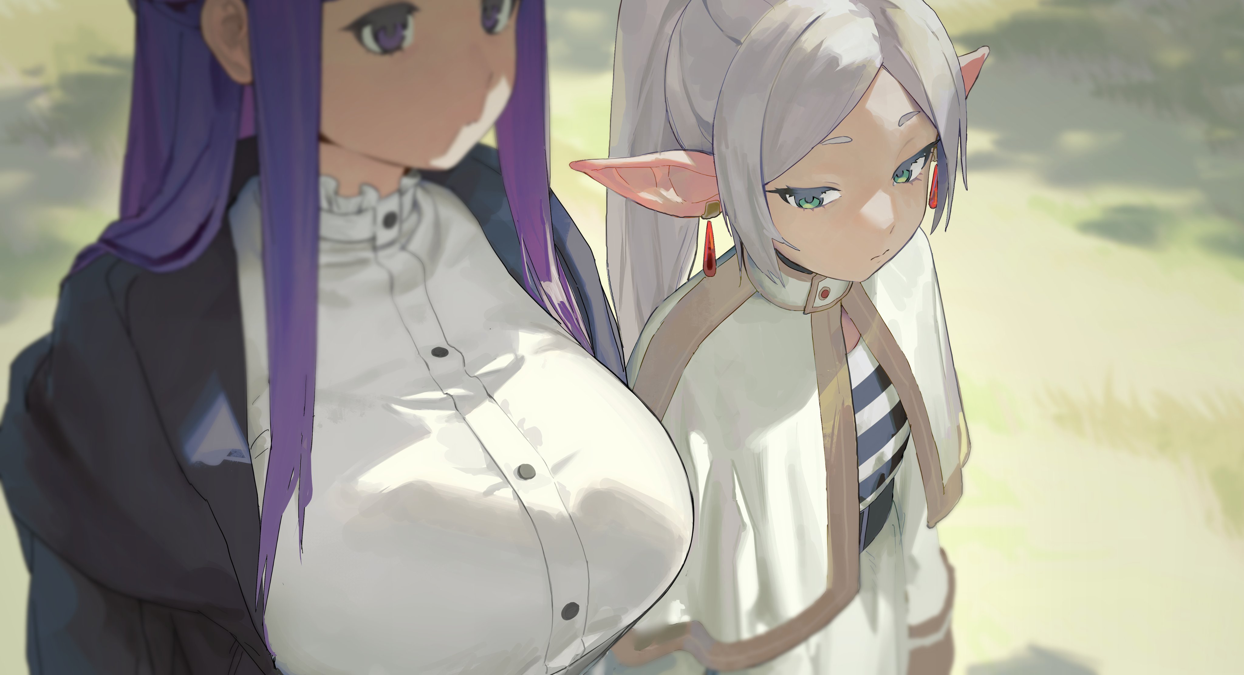 the image shows a detailed illustration of two animestyle female characters.  the one in the foreground has long white hair styled in a ponytail, elflike ears, and wears a light beige and cream colored coat over a striped shirt. she appears to be looking down and is somewhat smaller than the other character. the character behind her has long purple hair and wears a dark jacket over a white buttonup shirt; this character has a noticeably larger bust. the background suggests an outdoor setting, possibly a grassy field bathed in soft sunlight. the style is reminiscent of digital painting, with soft shading and attention to detail in the characters' clothing and features.