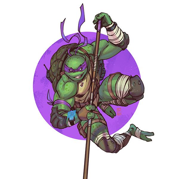 a digitally rendered illustration of donatello, the purple masked ninja turtle, in action. he is depicted with his signature bo staff, poised in a martial arts pose, ready to strike. donatello is surrounded by a purple aura that emphasizes his strength and power. this illustration captures the essence of the teenage mutant ninja turtles' iconic character.