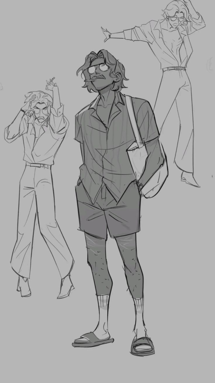 this image is a black and white sketch of three male figures. the person on the left is wearing pants and a shirt, while the one on the right is wearing a longsleeved shirt and pants. the person in the middle is wearing a striped shirt, shorts, and sandals.  the three people appear to be casual friends.