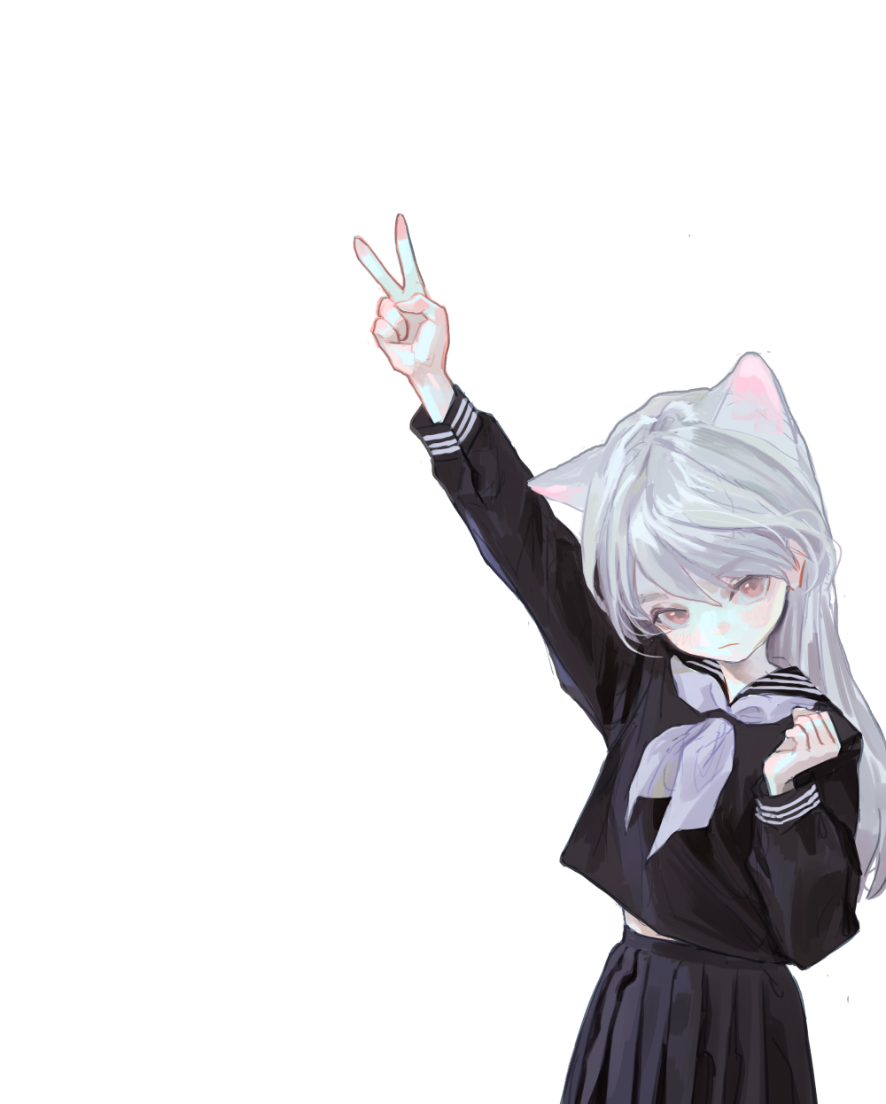 the image shows an animestyle girl with cat ears and long white hair. she is wearing a black school uniform with a pleated skirt, a top with a bow, and sleeves with white stripes. her eyes are pink. she is holding up her hand in a peace sign.