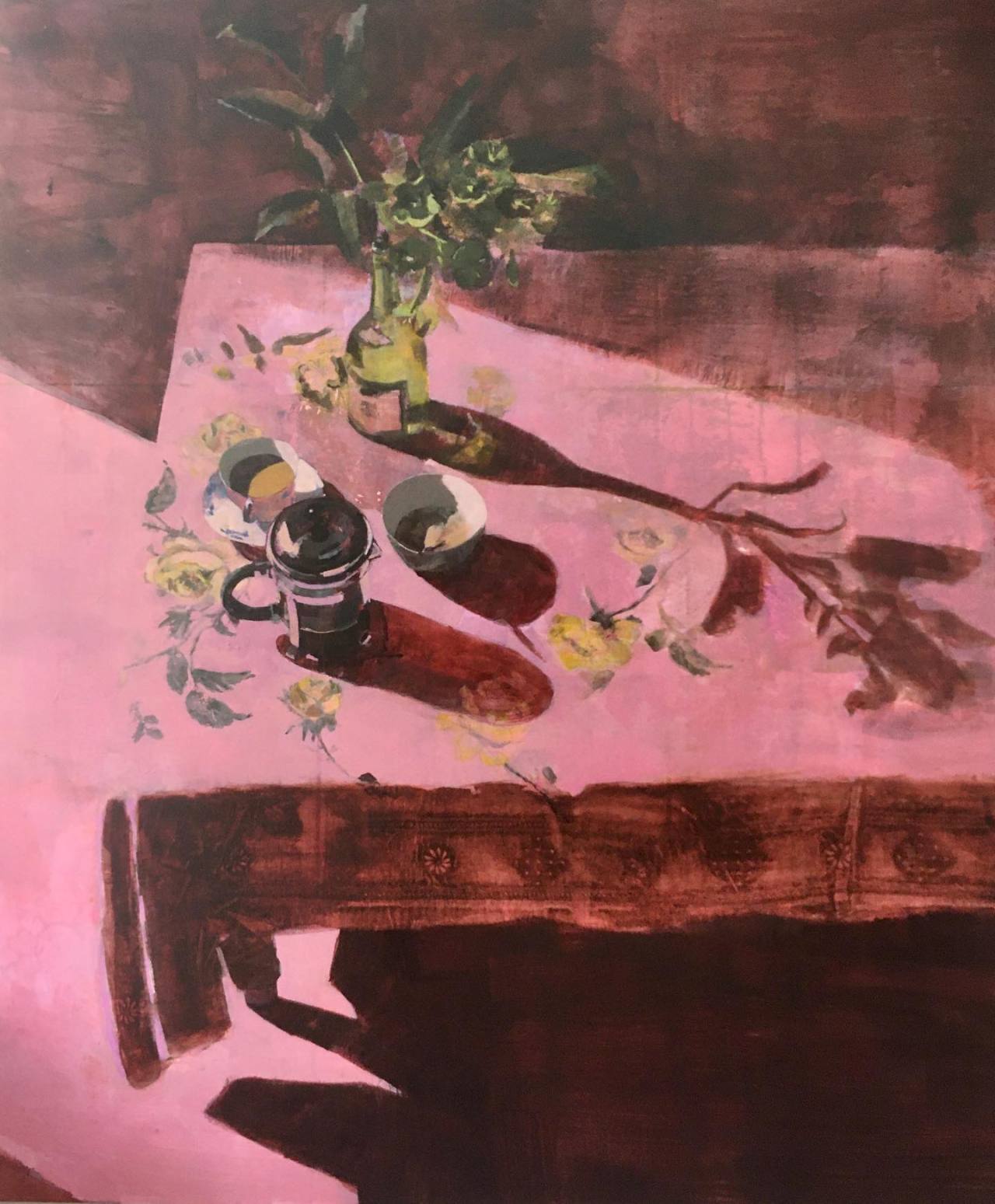 the image is a painting of a still life. it features a pink tablecloth draped over a table, with a vase of flowers, a french press, and two teacups arranged on top. the scene is lit with soft light coming from the left, casting prominent shadows of the objects onto the surface of the table. the color palette consists of predominantly pink and red hues, creating a warm and inviting atmosphere.