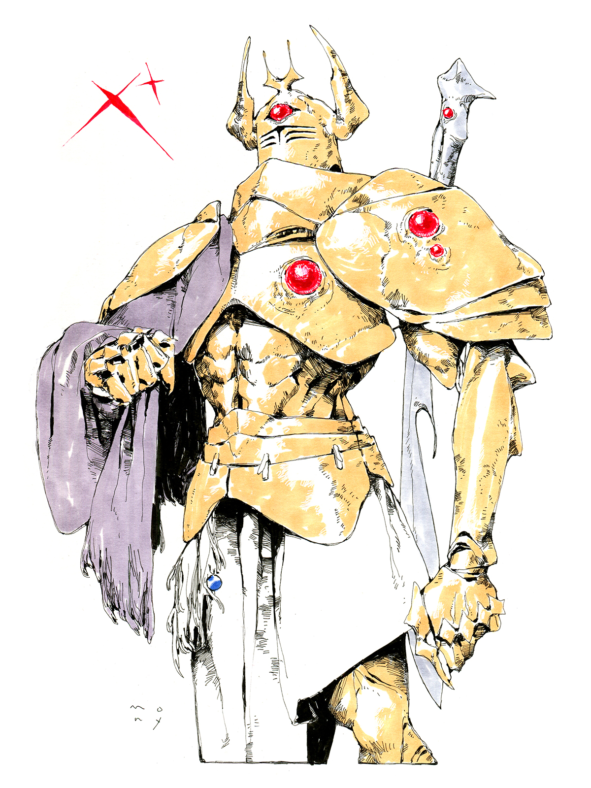 the image is an intricate illustration of a knight clad in ornate, golden armor.  he stands in a relaxed pose, his hand resting on the pommel of his sword.  the armor is highly detailed, with sharp angles and curves that accentuate his powerful physique. his helmet is topped with a crownlike structure, and three red jewels adorn his armor, adding a touch of regality to his appearance.  a purple cloth drapes over his left arm, providing a splash of color against the predominantly gold and silver tones. the style of the drawing is reminiscent of classic fantasy illustrations, with a focus on detail and dynamic line work.