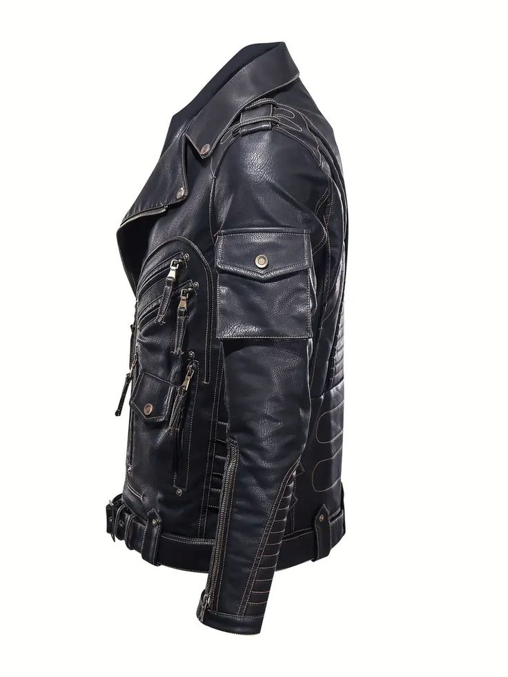 a side view of a black leather jacket with multiple pockets, zippers, and straps. the jacket has a stylish and fashionable design.