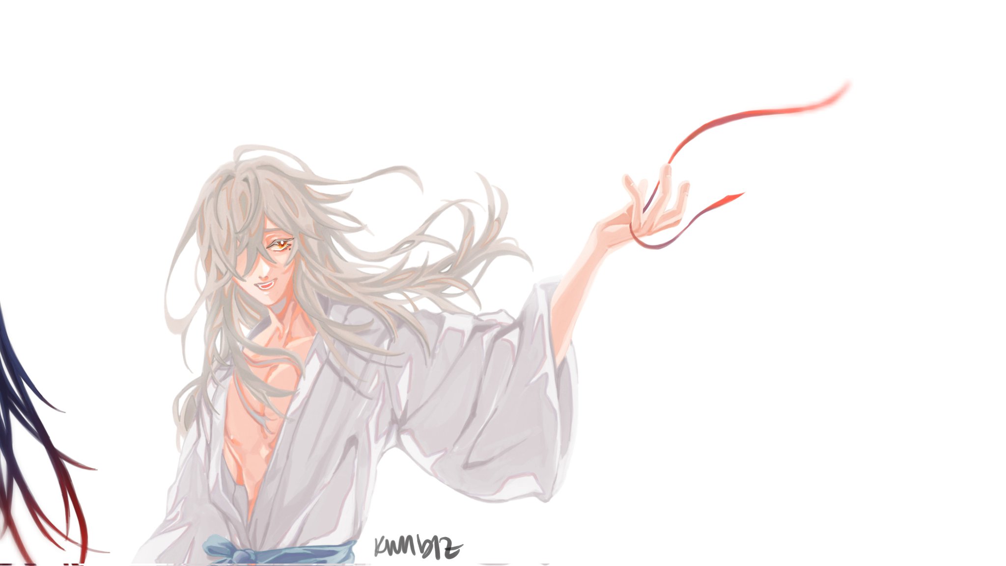 an anime boy with long white hair is smiling as he holds a red string tied to his hand, the string is flowing freely on the right side of the image, the background is white.