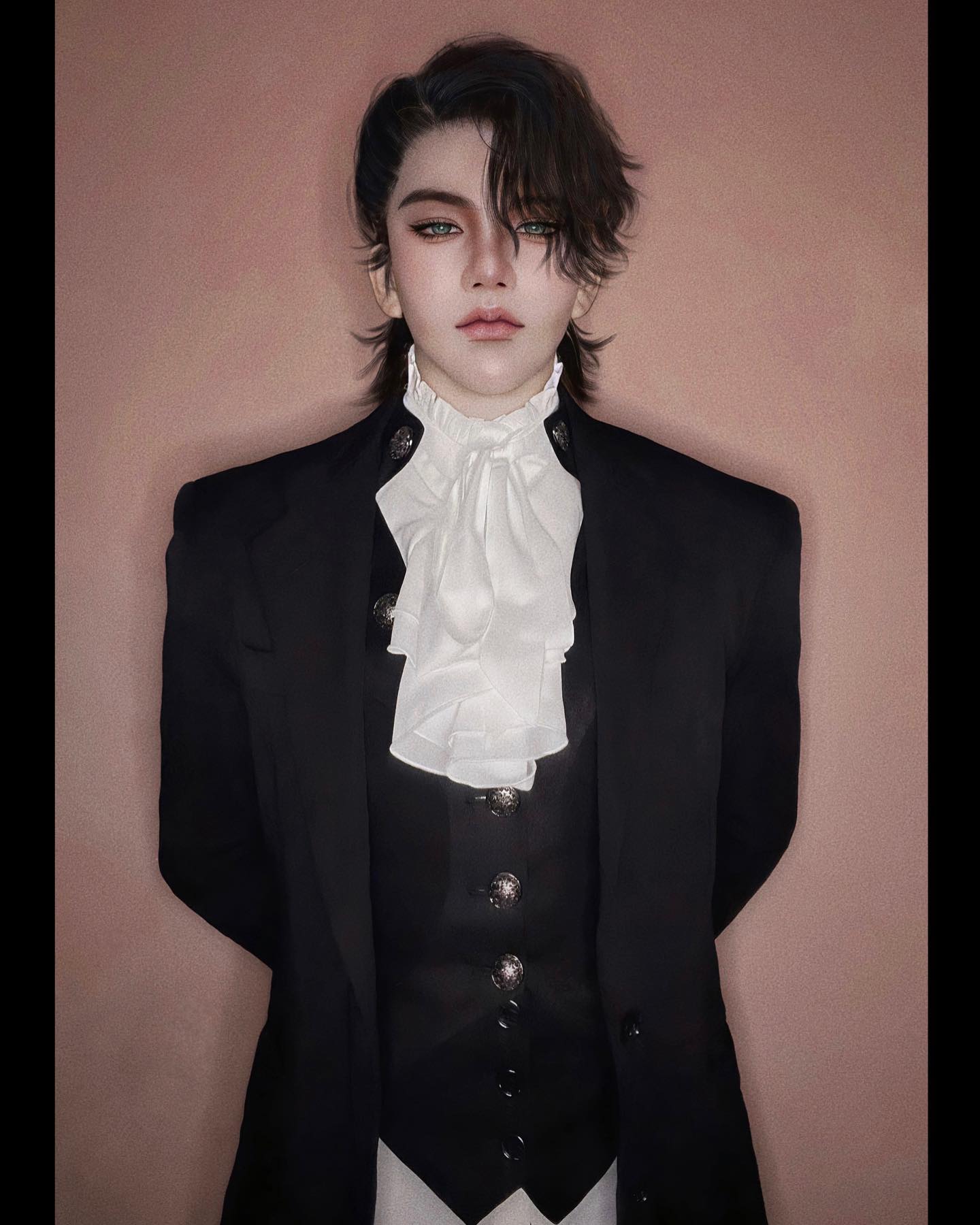 a portrait of a man in a black suit. he is wearing a white shirt with a large, ruffled collar, and a black vest. he has long dark hair and is looking at the camera. he is standing against a pale pink background.