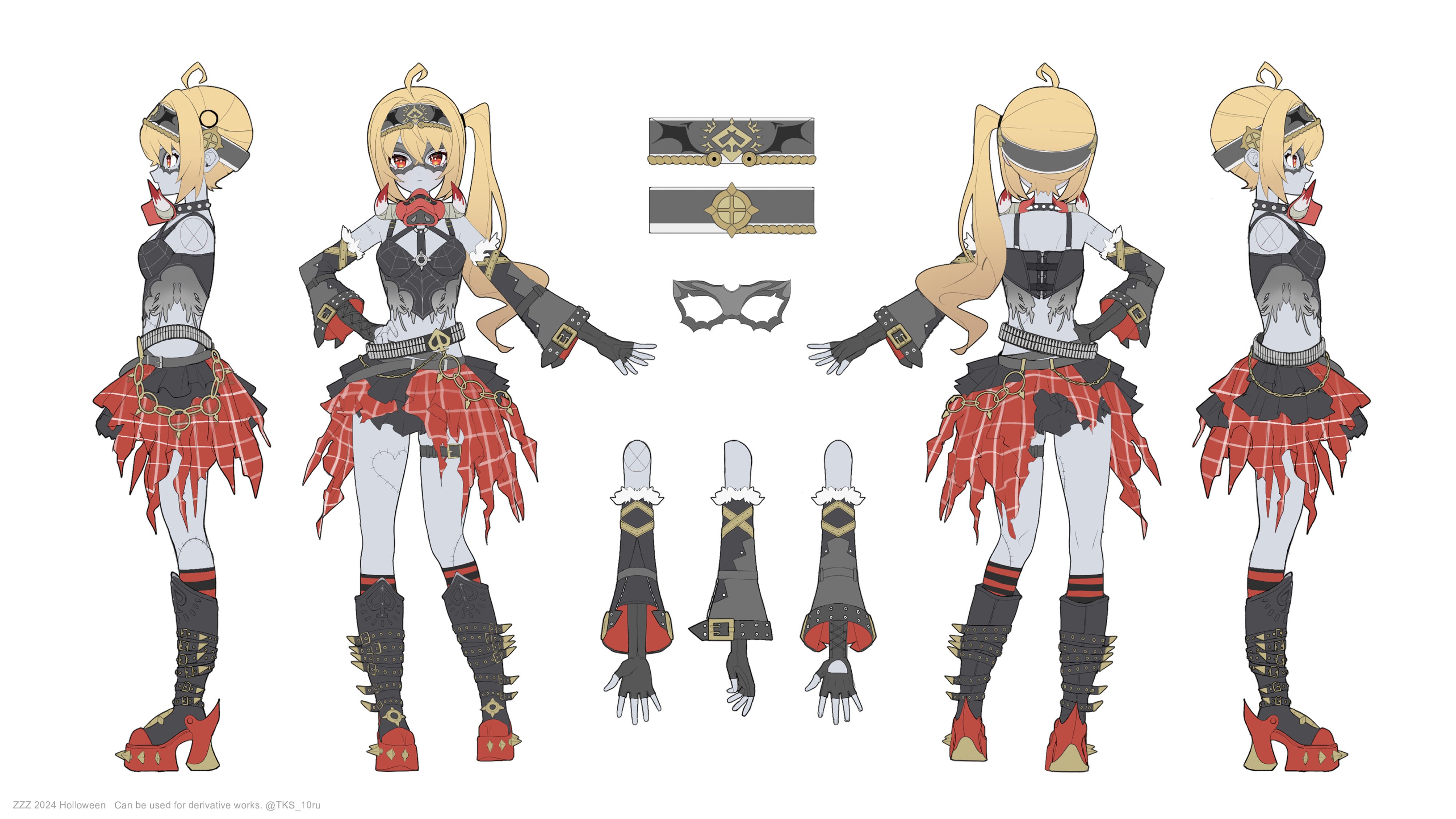 the image is a detailed character design sheet for a female anime character dressed in a zombiethemed halloween costume.  the design incorporates punk and rock elements, including ripped clothing, studded boots, and layered accessories. the sheet provides multiple views of the character – front, back, and side profiles – along with closeup views of individual accessories such as a headband, mask, and gloves. this detailed sheet is likely intended for use as a reference for animation or game development, clearly labeling it as usable for derivative works. the color palette is muted, primarily utilizing black, grey, red, and gold accents. the overall style is clean and professional, suggesting that the artwork is possibly promotional material or for official use within a specific project.
