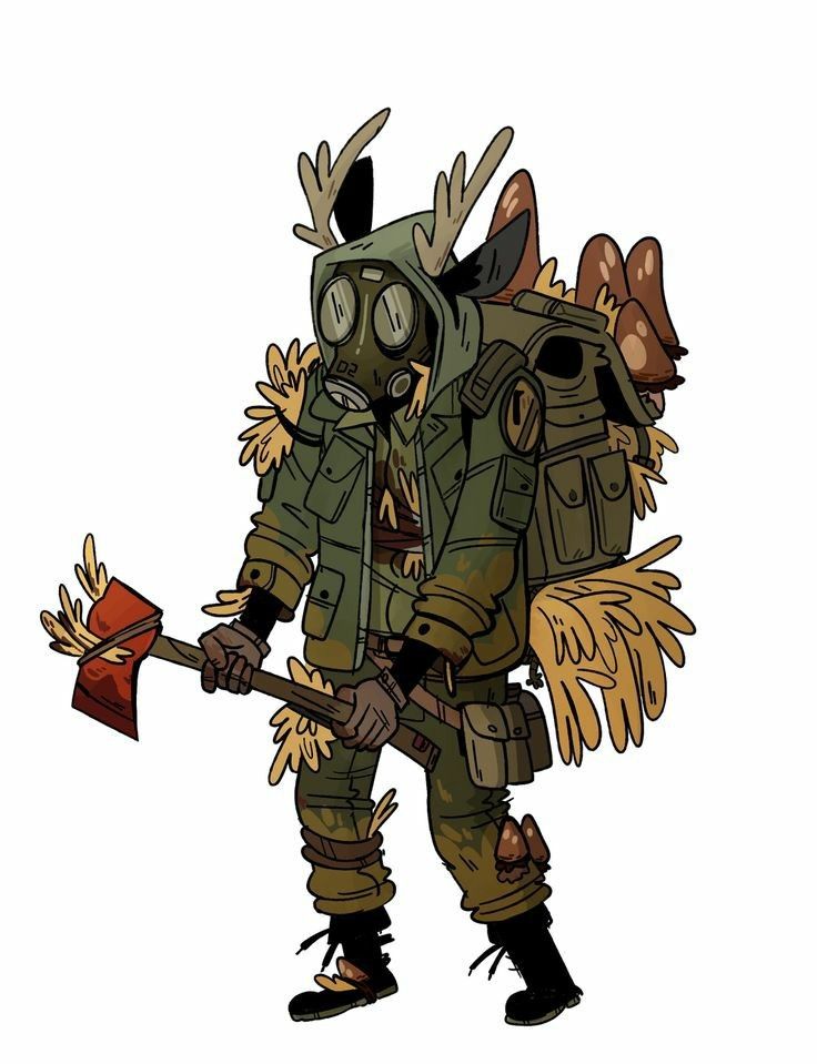 this is a digital cartoon illustration of a deerlike humanoid character. they're wearing a gas mask, a tattered military jacket, and have a backpack full of mushrooms. they're carrying a large ax in their hands. the character is drawn in a stylized, somewhat rough way with lots of jagged lines. the background is white.
