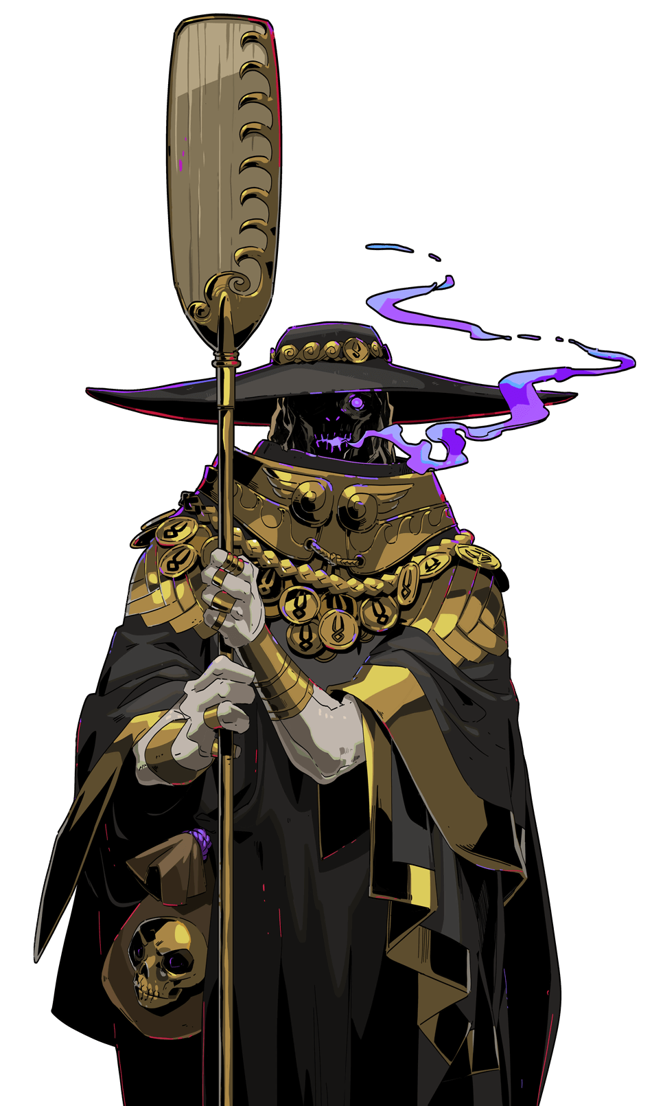 a skeletal figure with a skeletal face and glowing purple eyes, wearing a black robe with gold embellishments and a gold staff. the figure is smoking purple smoke and has a skull in a bag attached to their staff.