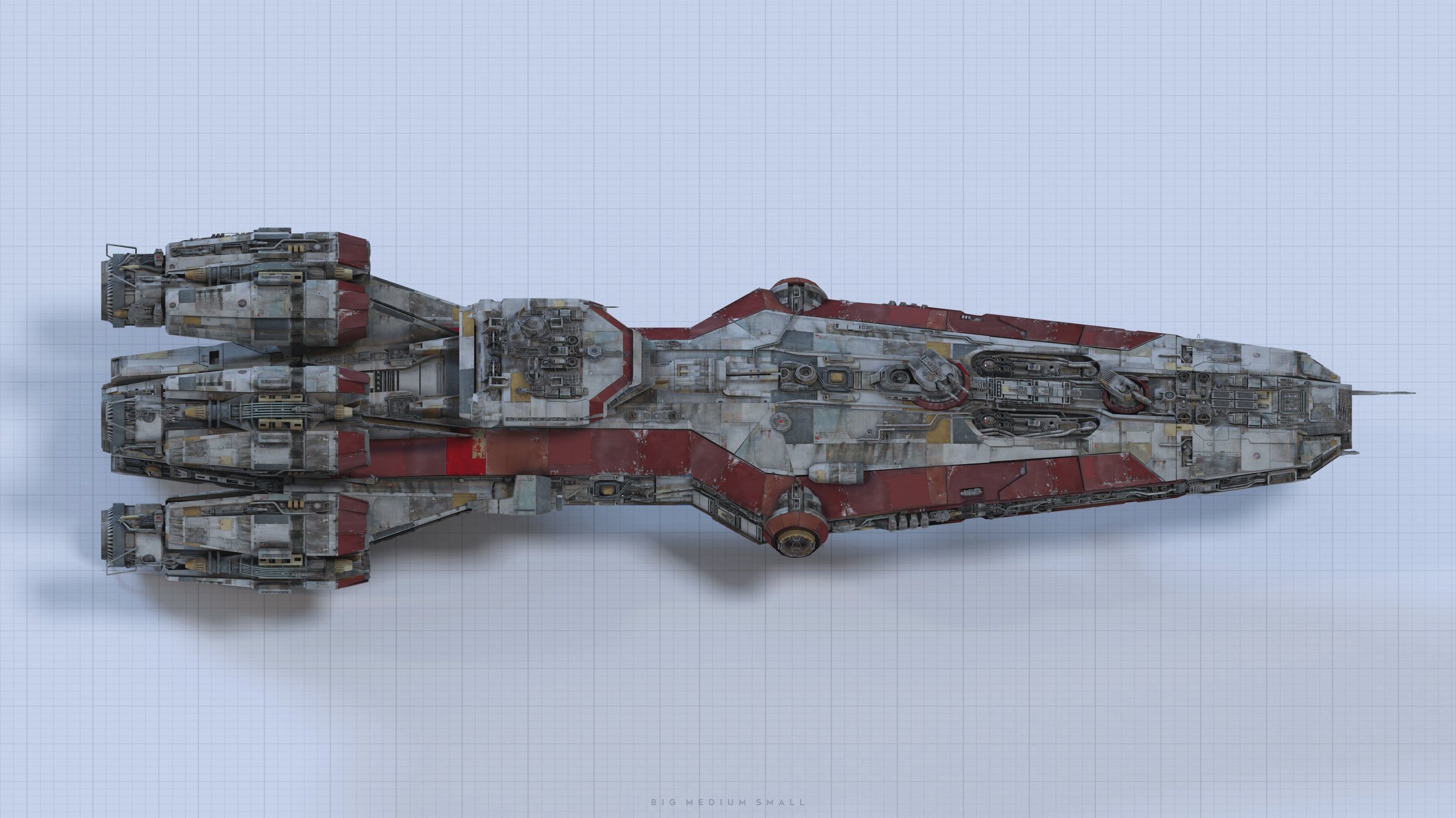 the image is a detailed topdown 3d render of a large, weathered spaceship.  the ship is predominantly red, white, and grey, exhibiting signs of wear and tear. it's long and elongated with multiple engine pods at the front and various hatches and mechanical details visible on the hull. the ship rests against a light blue grid background, possibly suggesting a blueprint or design schematic.  the overall aesthetic is one of a wellused and possibly militarygrade starship, suggesting a science fiction setting. the level of detail is very high.