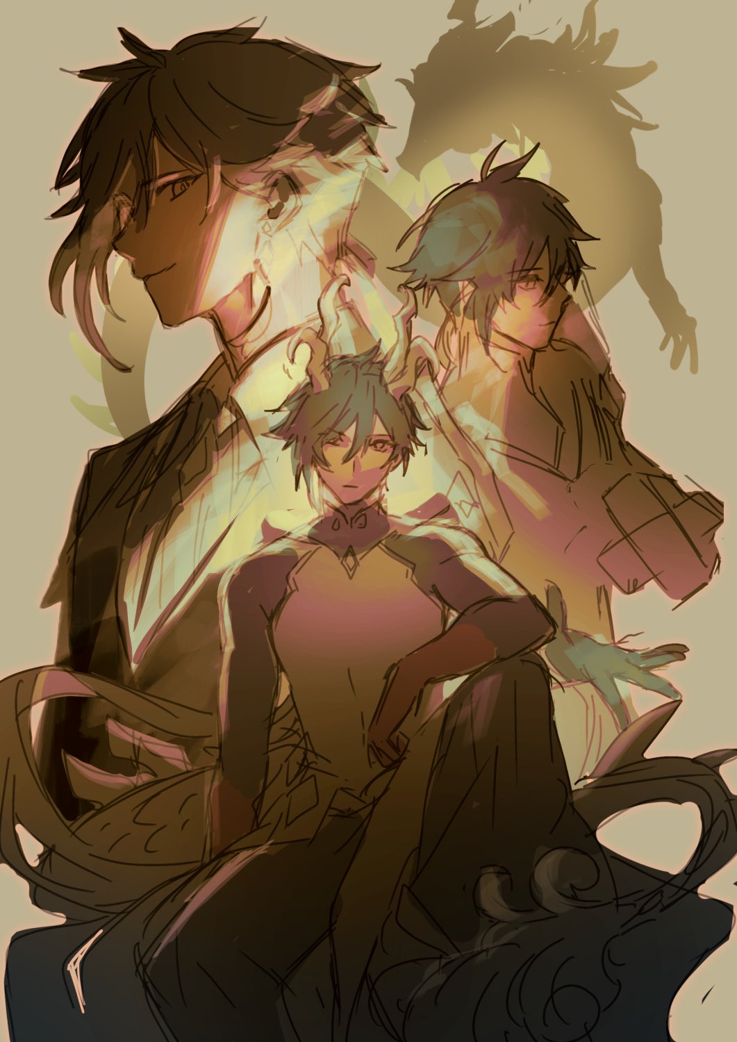 the illustration shows three male characters from an anime or manga series. they are  drawn in a detailed and stylized manner, with expressive faces and dynamic poses. they appear to be friends, with the standing character on the left possibly a leader of sorts.  they are in a dimly lit setting, but there's a  dramatic lighting effect,  making the characters stand out. the  character on the right has long dark hair. the character on the left has long, light  hair and is in a suit. the character in the middle has short blue hair and is wearing a green and yellow outfit. the character on the left appears to be human, while the character on the right is either human with some sort of animalistic qualities, or a hybrid creature. the character in the middle appears to be a dragon creature,  possibly from a magical world or fantasy setting.