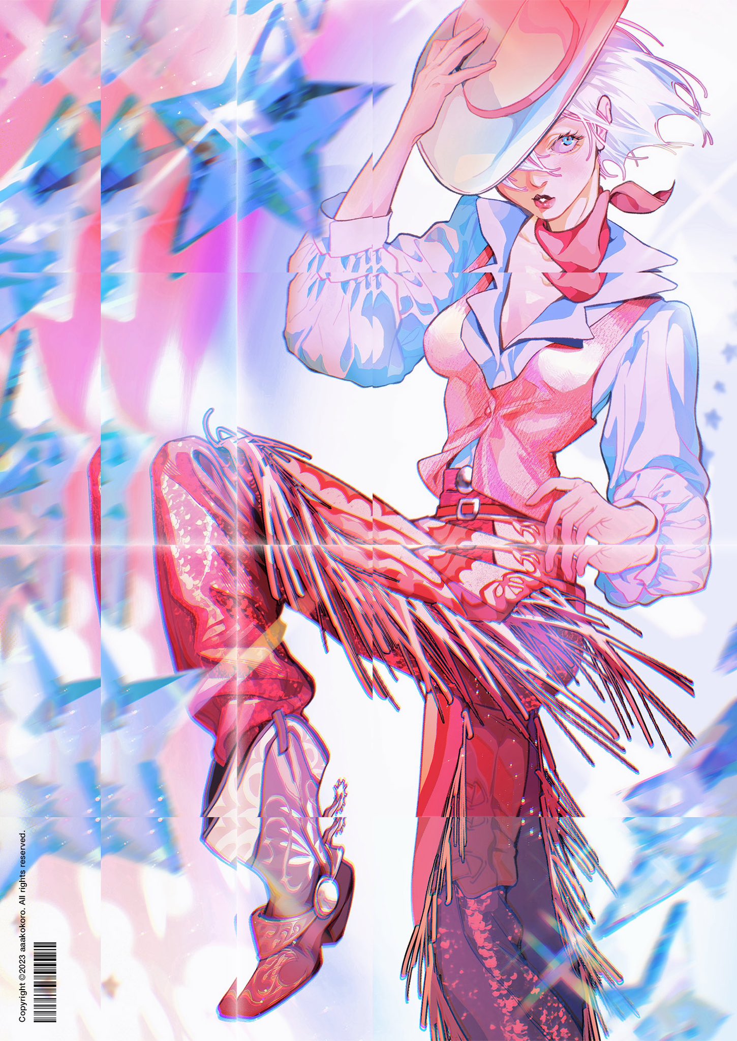 a colorful anime style illustration of a young woman wearing a cowboy hat, pink and red shirt and pants, and boots. the image is set against a sparkly background of blue and pink stars. the woman has long white hair and a confident expression on her face.