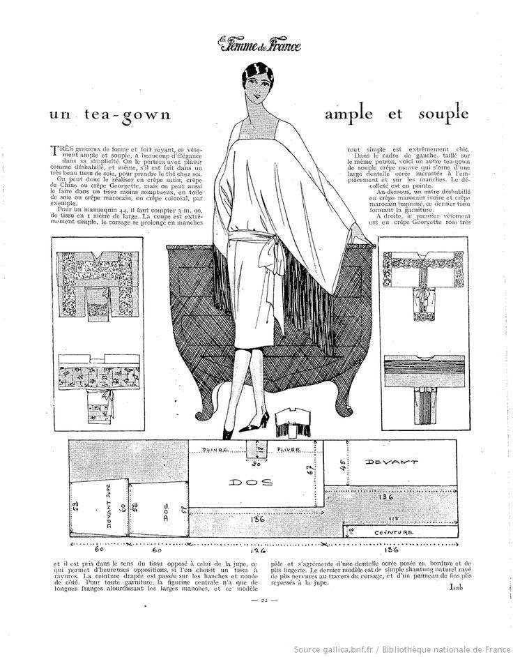 this image is a vintage fashion illustration from the french magazine "femme de france". it features a design for a "teagown," along with detailed patterns and instructions for sewing the garment. the illustration showcases the design of the dress, as well as pattern pieces with measurements, and related text about the materials and construction.