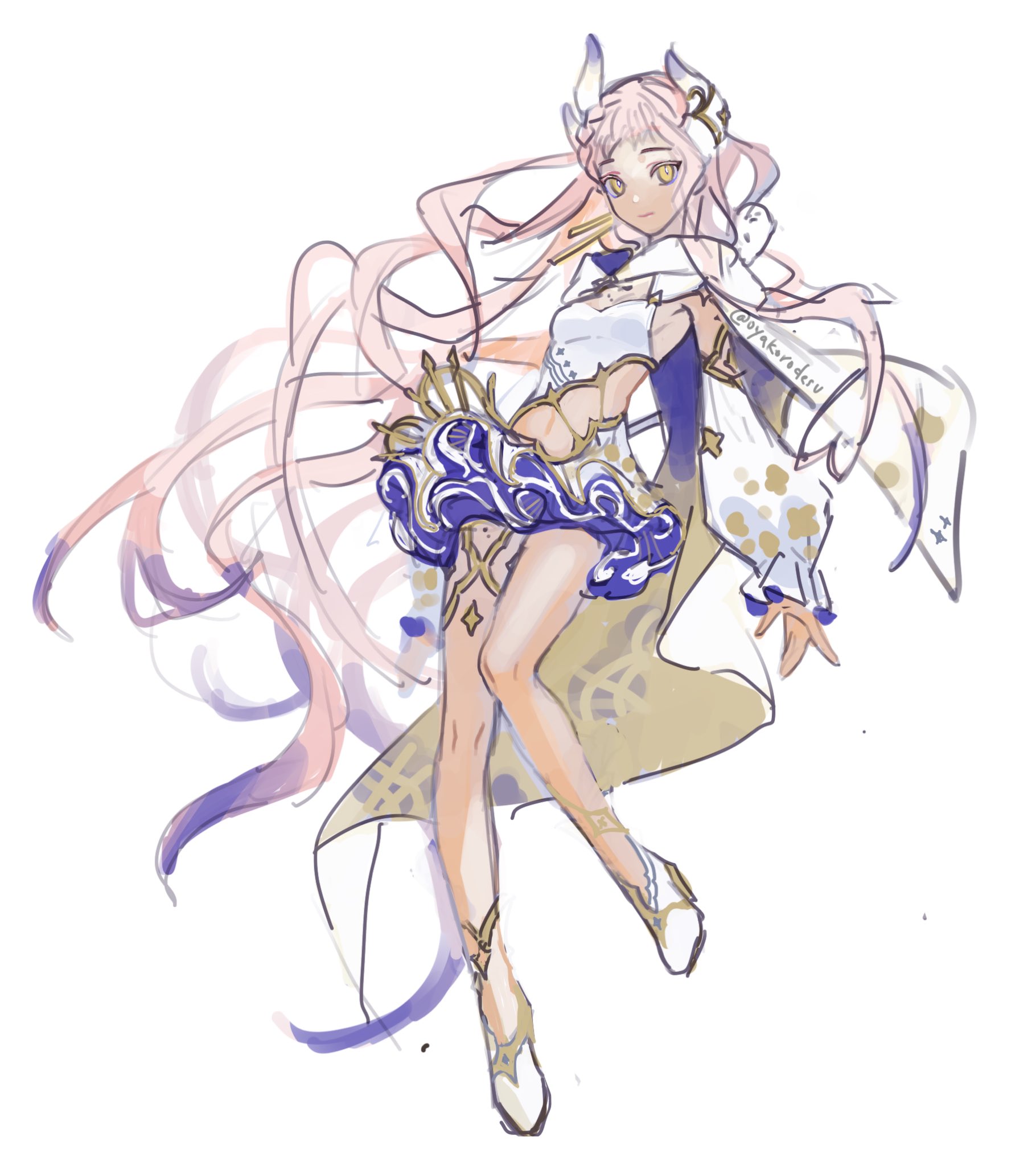 a digital illustration of a young anime girl with pink hair and horns, wearing a white and blue dress with gold accents. she has large wings and is floating in the air, surrounded by clouds. the overall tone of the illustration is ethereal and magical.