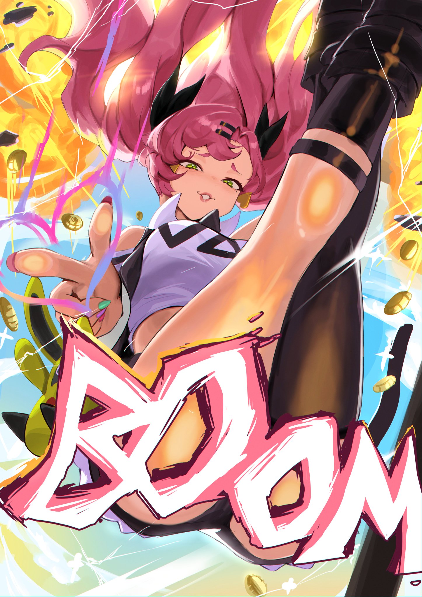 a dynamic anime illustration of a girl with pink hair and a black outfit kicking her leg up. the image is set against a yellow background with comic book effects, including a "boom" word bubble. the girl is drawn in a vibrant and energetic style.