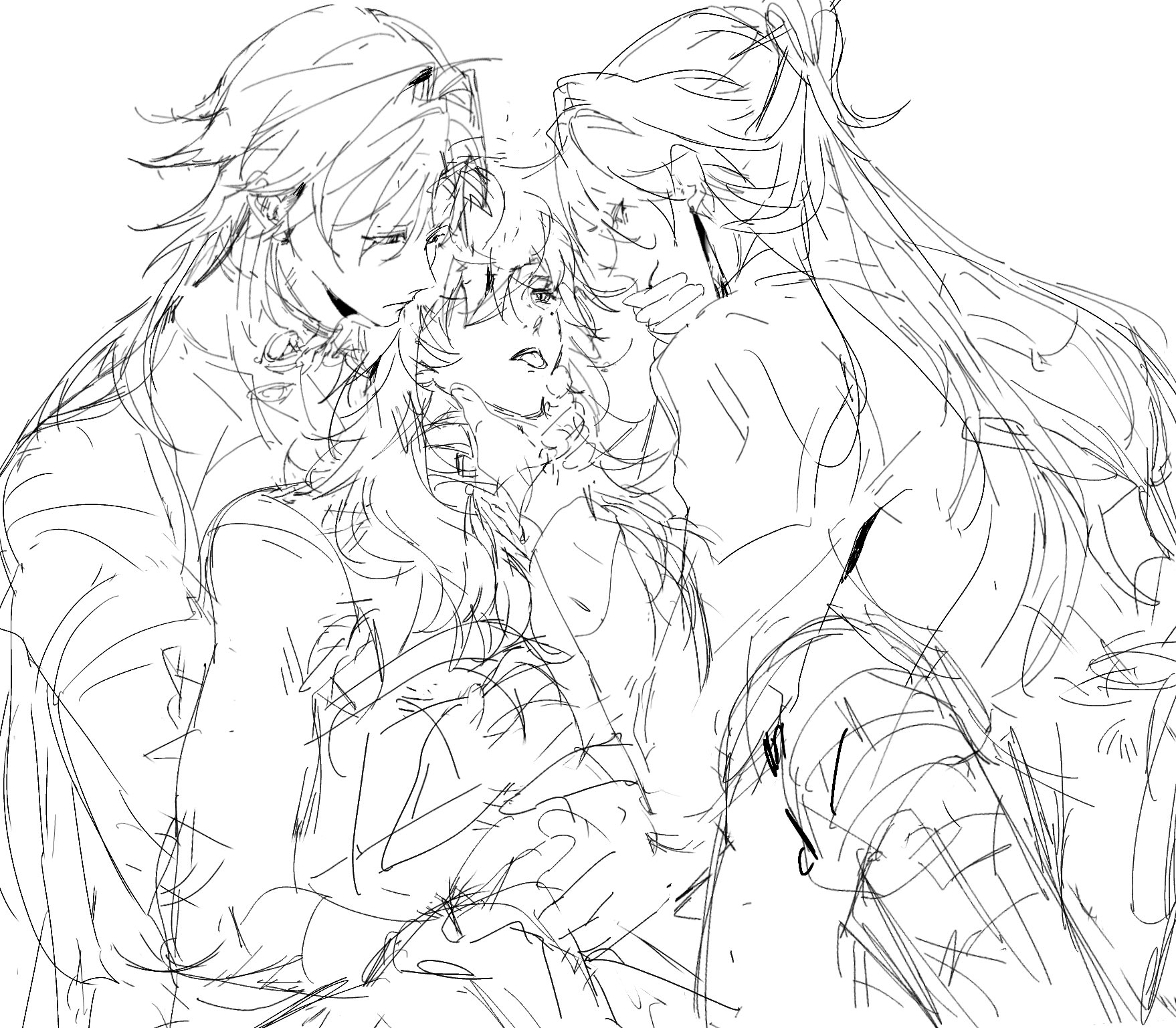 a black and white illustration of three anime characters. two of the characters are embracing, while the third character is looking on. the characters are drawn in a sketchy style. the image conveys a sense of love and affection.