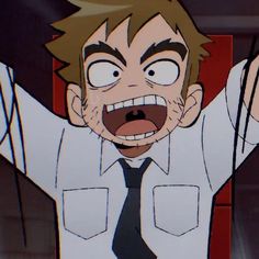 a cartoon drawing of a man with brown hair and a white shirt is shown with his mouth wide open as if he is yelling in excitement. he is wearing a black tie and appears to be indoors.