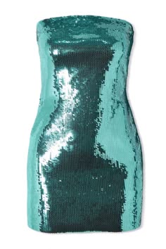a teal sequined strapless dress is shown against a white background. the dress has a fitted bodice and a slightly flared skirt. it is the perfect dress for a night out. the sequin fabric is sparkly and shiny, giving the dress a glamorous look. the dress is sleeveless and has a strapless neckline. the dress is short in length and falls just above the knees. the dress is made of a highquality fabric and is wellconstructed. the dress is available in a variety of sizes.