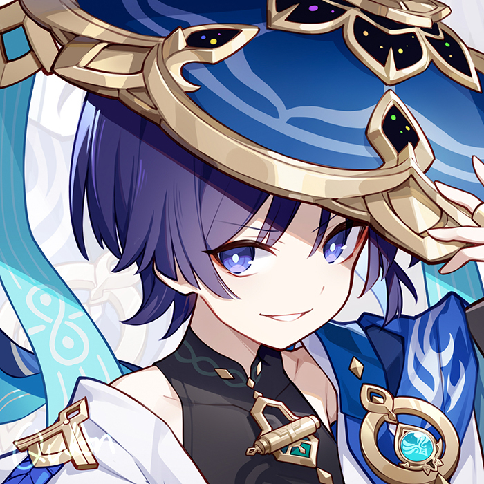 a digital illustration of a young male anime character, likely from the game genshin impact. he has short dark blue hair and blue eyes, and is wearing a hat with a blue and gold design. he is smiling and has a serious expression on his face. he is dressed in a white and black outfit with blue accents and a golden necklace with a blue gem. the background is simple and features a blue and white design. this is a very detailed and highquality piece of fan art. the character looks very similar to the character kokomi from the game genshin impact.