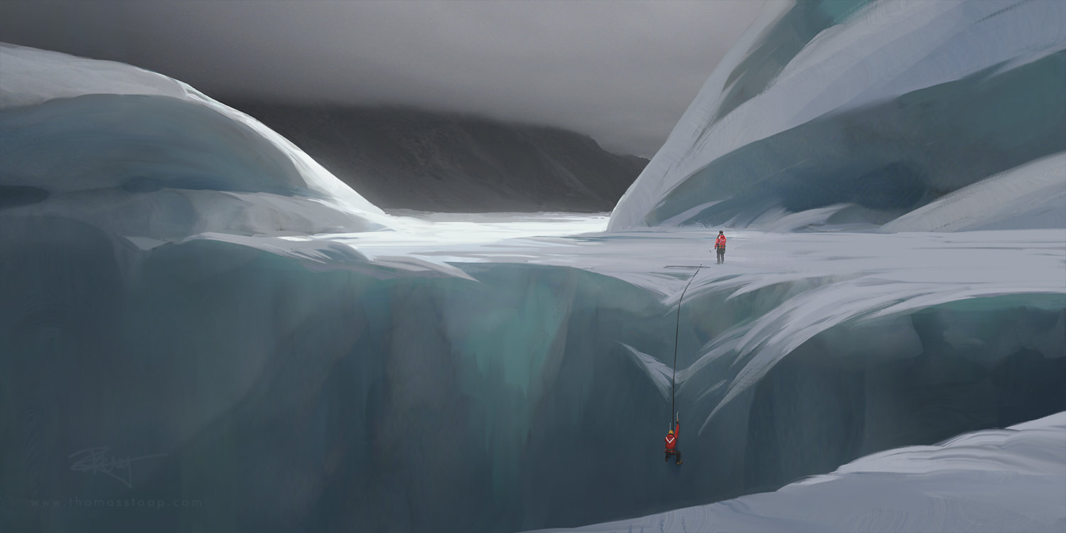 a panoramic view of a breathtaking frozen landscape. two climbers in red jackets are navigating a treacherous ice mountain. one is at the edge of a huge ice cave, hanging on a rope, and the other is looking up at him. in the distance, a mist covered mountain range can be seen. the landscape is a combination of white, blue, and gray, creating a surreal and ethereal atmosphere. the image captures the sense of adventure, danger, and beauty found in the wilderness.
