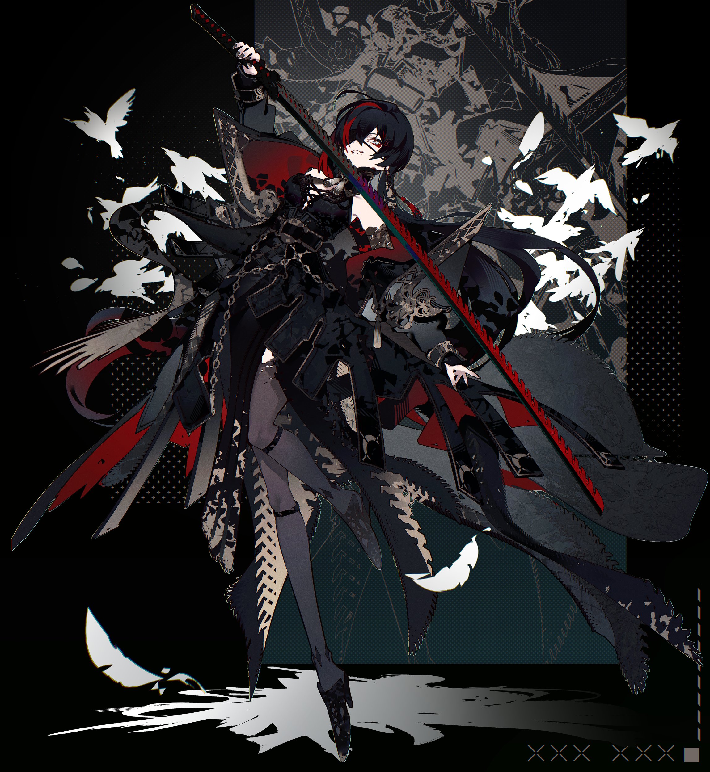 a fierce anime girl with long black hair and a red streak stands poised in an attack stance. she wields a large katana with a red blade, her black and red outfit flowing around her.  the background is dark and abstract with white feathers swirling around, adding to the dynamic and somewhat chaotic feel. the overall aesthetic is gothic and edgy.