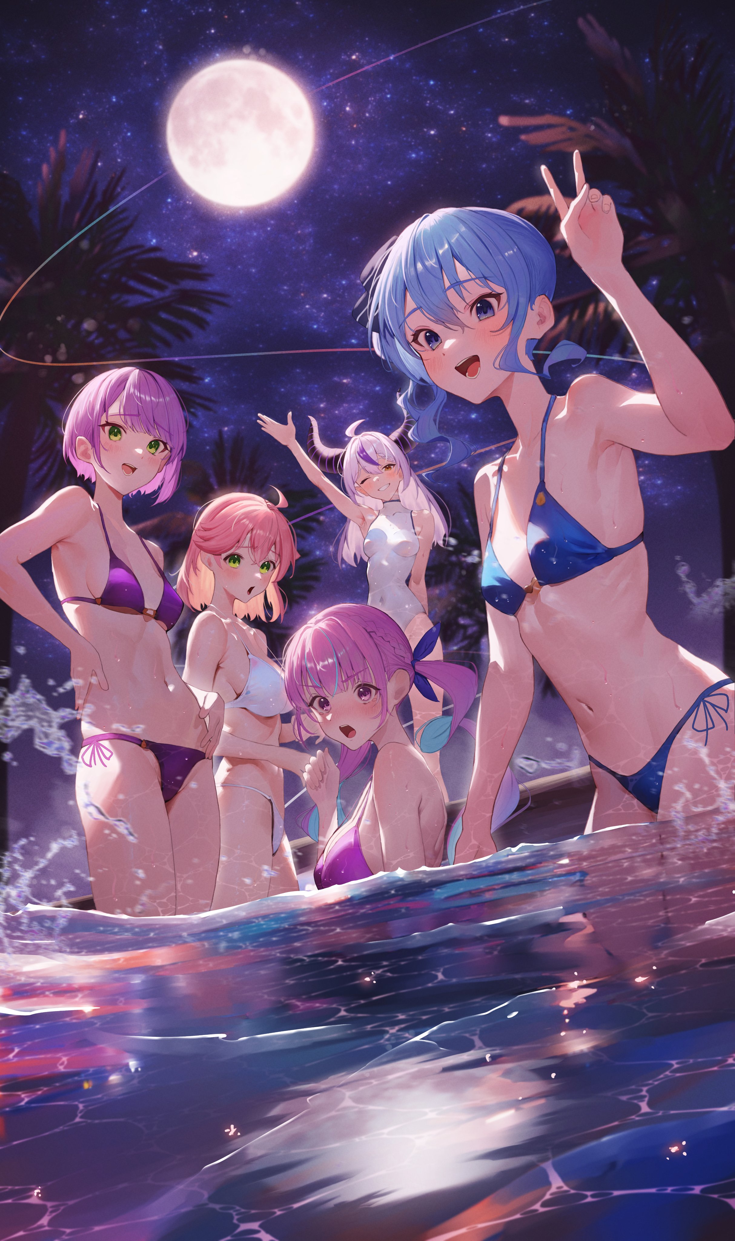 he image is a vibrant digital artwork depicting a group of five anime girls enjoying a night at the beach. the scene is set under a full moon, with palm trees silhouetted against the starry sky.  the girls are wearing various colorful swimsuits and are engaging in playful poses; some are in the water, while others are standing on the shore. the overall mood is cheerful and summery. the art style is characterized by bright colors, smooth lines, and a focus on expressive characters. the level of detail is high, with attention paid to the textures of the water, the girls' clothing, and their hair.  the image could be used as a wallpaper, poster, or illustration for a variety of purposes.