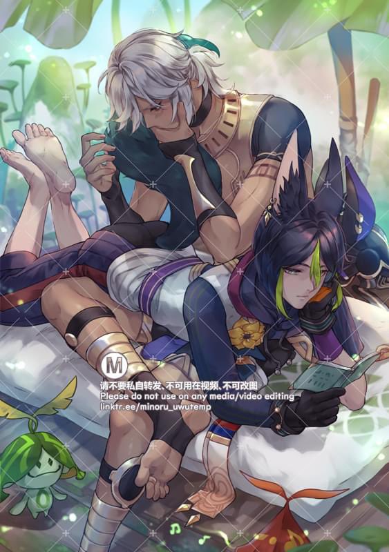 this is a beautiful illustration of two anime characters, a male and a female, who are relaxing together in a grassy field. the male character is sitting with his arm around the female character, who is leaning against his shoulder and reading a book. the characters are both smiling and appear to be very happy and content together. there is a delicate touch to the art style that highlights the soft and gentle mood of the scene. the background is a lovely blur of green and white, which further accentuates the focus on the characters and their emotions. it is a sweet and intimate portrayal of love and companionship.