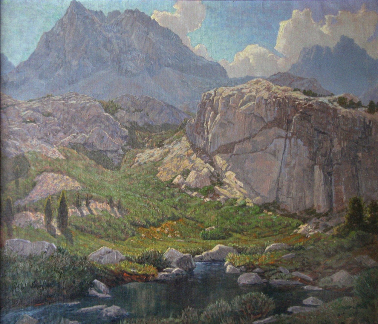 a painting depicts a mountainous landscape with a stream flowing in the foreground. the sky is visible at the top with clouds, and large mountains dominate the background. rocks and boulders are scattered throughout the valley. the style of the painting is reminiscent of impressionism.