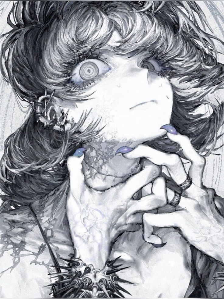 the image is a dramatic, closeup portrait of a young woman with animeinspired features.  she has dark, messy hair, intense eyes with spiral pupils that give an unsettling effect, and pale skin. her hands are clasped around her throat, her nails painted a purplishblue. she wears various gothicstyle accessories, including a spiked bracelet and rings. the overall style is dark, detailed, and evocative of horror or fantasy genres. the monochrome palette and textured brushstrokes create a sense of depth and atmosphere. the expression on her face is a mix of fear, distress, and possibly defiance. the overall effect is captivating and slightly disturbing.