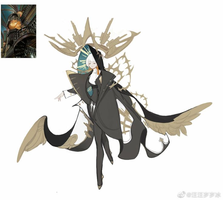 an anime style drawing of a female character with white hair and wearing a black cape with gold accents. she has large, feathery wings attached to her cape and is surrounded by a halo of gold and white designs.  the character is in a floating position with one hand extended outwards. in the top left corner is a square image of an ornate staircase.