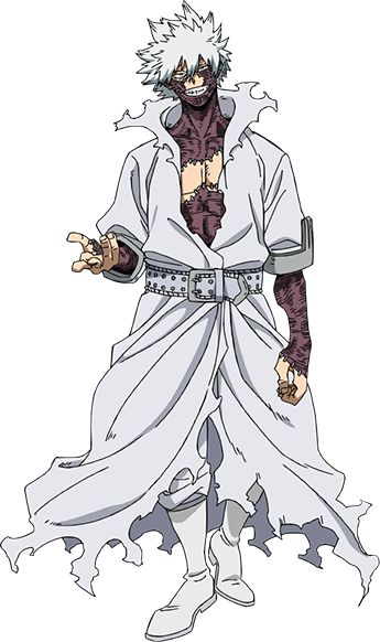 this is a drawing of the my hero academia character tomura shigaraki. he is wearing a white robe with ripped sleeves and a black and grey belt. his pants are black and he is wearing white shoes. he has white hair that is styled into spikes and is wearing a creepy smile. his skin is mostly white and he has ripped, open wounds on his arms and hands. shigaraki has very dark eyes and is in a menacing pose.